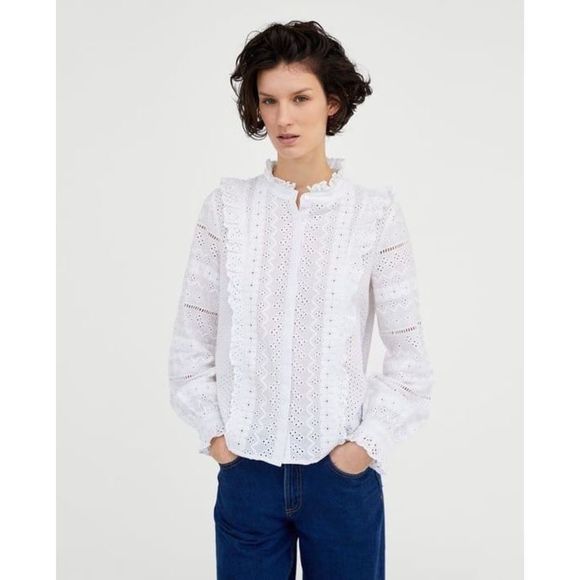 Zara | Tops | Nwot Zara Broderie Anglaise Ruffle Eyelet White Top | Poshmark